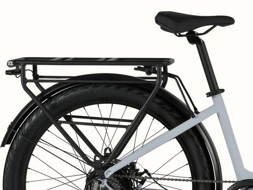 A close-up of the rear rack on the Abbot Rev 2 Step Through Electric Bike.