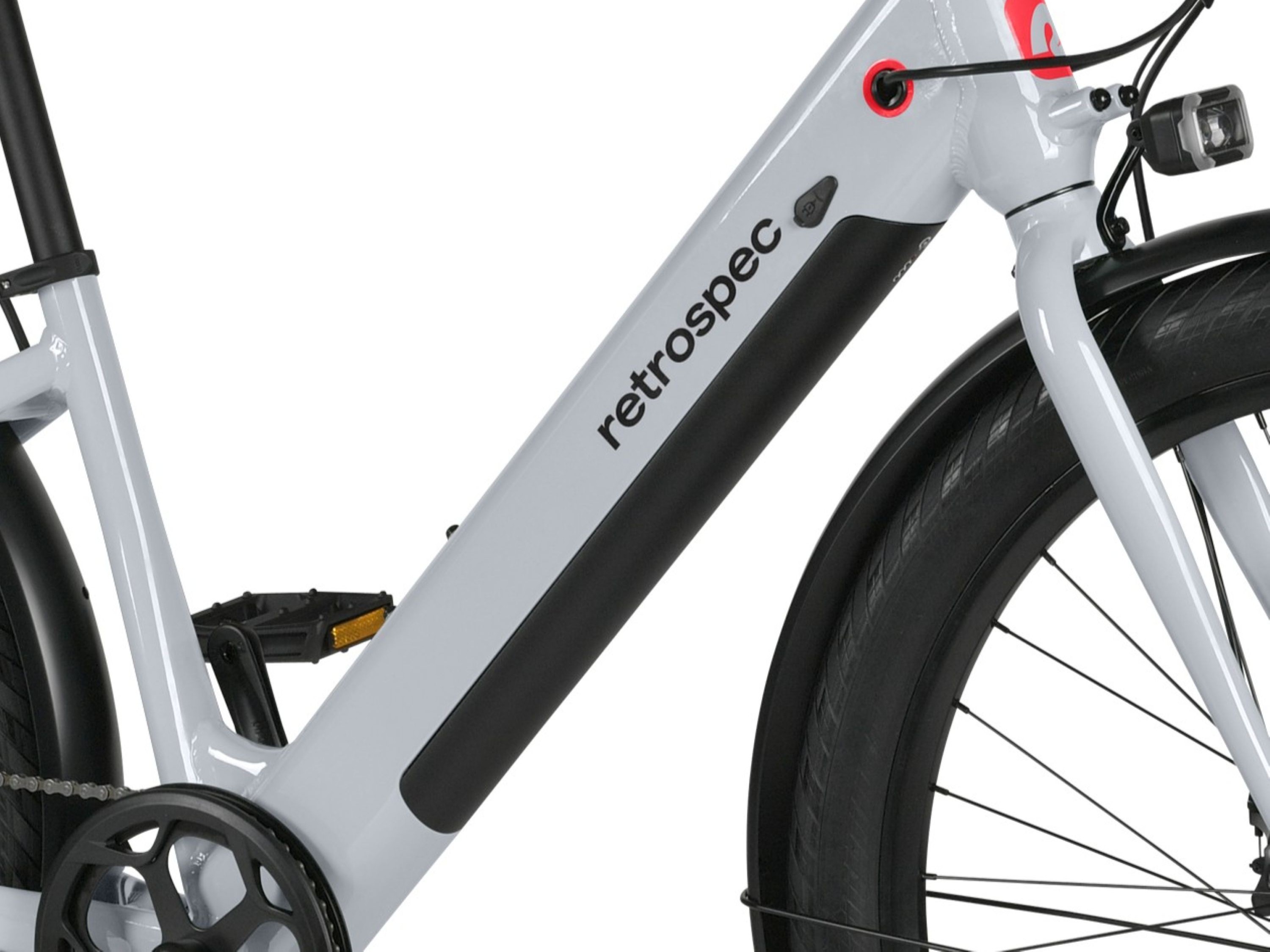 A close-up of the frame on the Abbot Rev 2 Step Through EBike showcasing the black case battery.