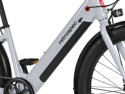 A close-up of the frame on the Abbot Rev 2 Step Through EBike showcasing the black case battery.