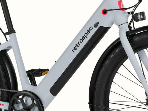 A close-up of the frame on the Abbot Rev 2 Step Through EBike showcasing the black case battery.