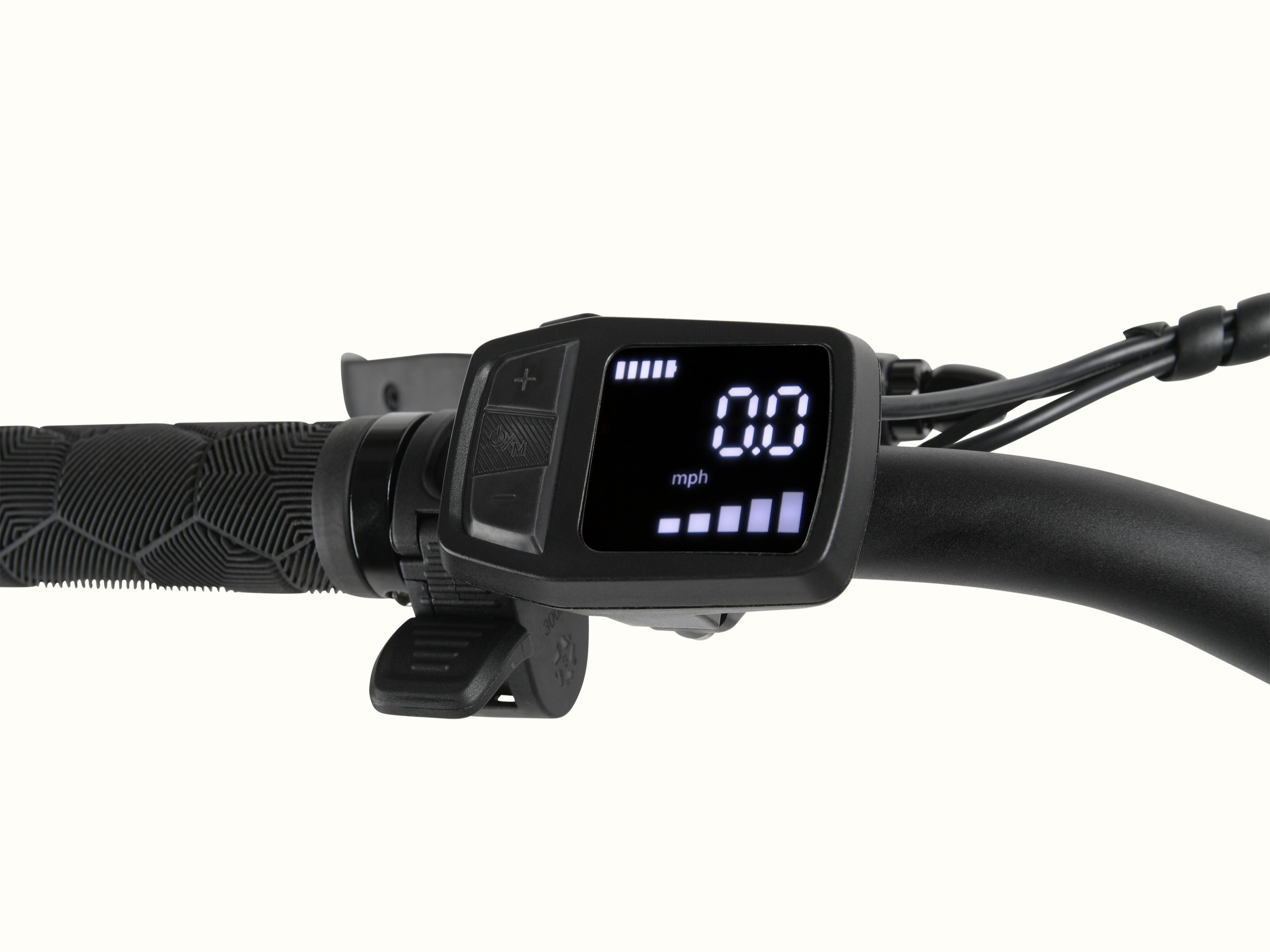 A close-up of the handlebar showcasing the compact display and controls.