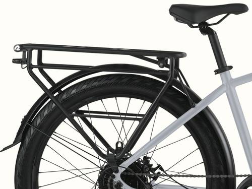 A close-up of the attached black rear rack on the Abbot Rev 2 Commuter Electric Bike.