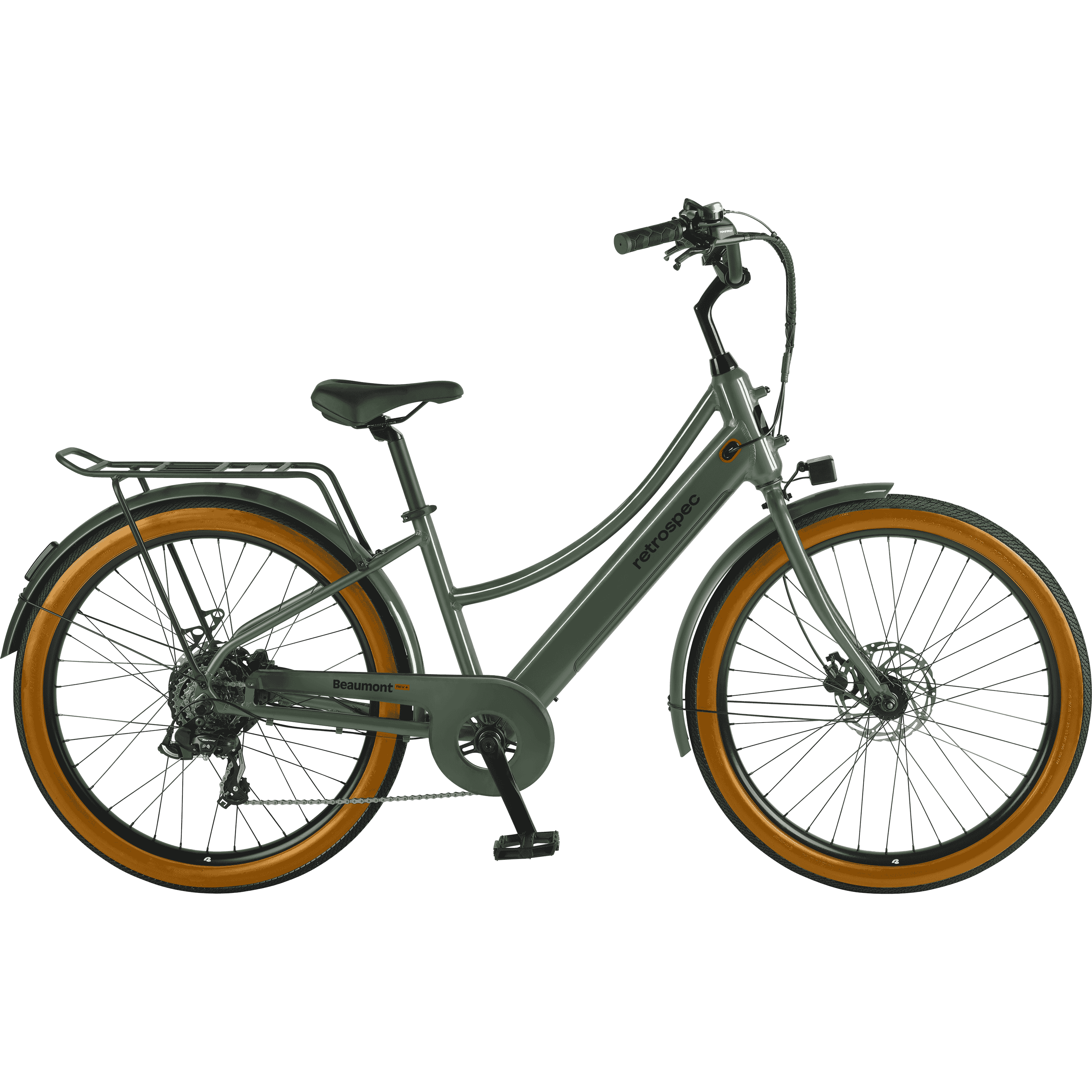 The green Beaumont Rev+ City Electric Bike - Step Through with no background.