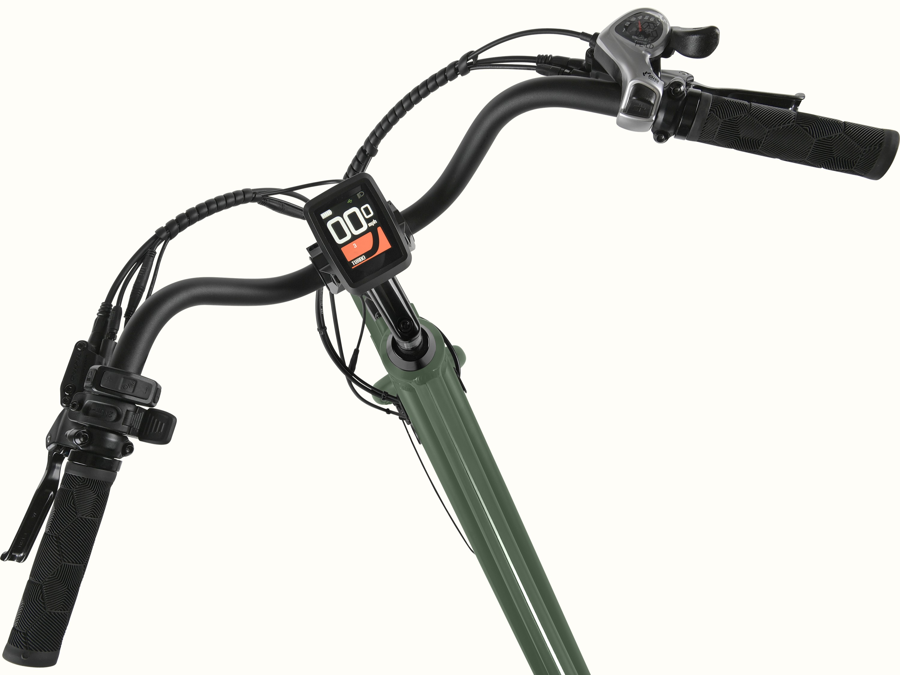 A top view of the handlebars of the green Beaumont Rev+ City Electric Bike - Step Through with the colored digital display at the center.