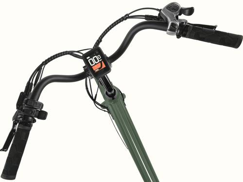 A top view of the handlebars of the green Beaumont Rev+ City Electric Bike - Step Through with the colored digital display at the center.