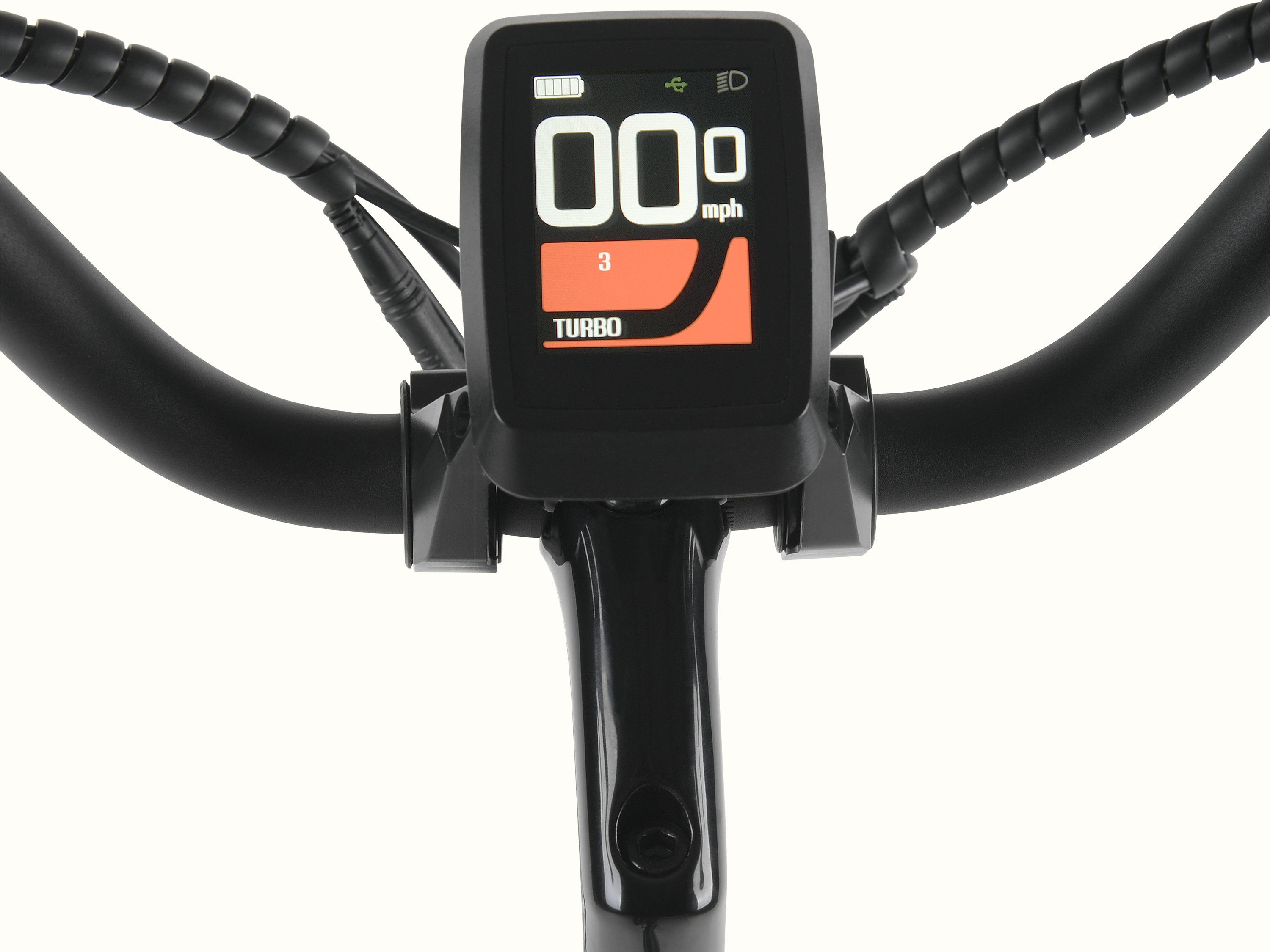 A close-up of the full color digital display on the Beaumont Rev+ Step Through Electric Bike.