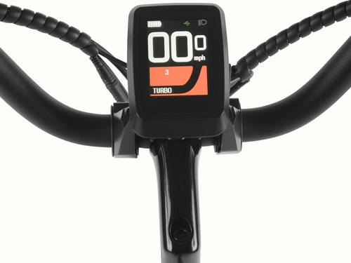 A close-up of the full color digital display on the Beaumont Rev+ Step Through Electric Bike.