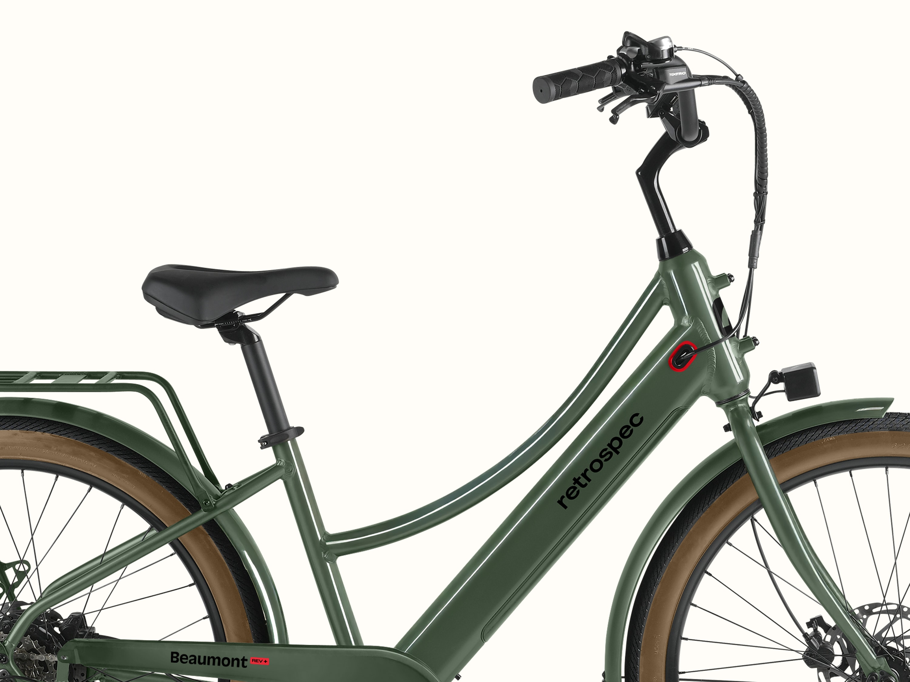  A close-up image of the green Beaumont Rev+ EBike step-through frame.