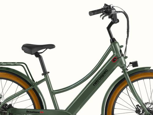 A close-up image of the green Beaumont Rev+ EBike step-through frame.