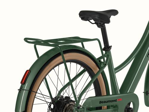 A close-up of the rear rack on and seat on the green Beaumont Rev+ EBike.