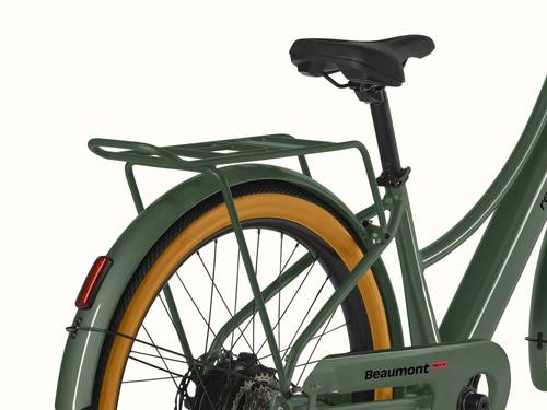 A close-up of the rear rack on and seat on the green Beaumont Rev+ EBike.