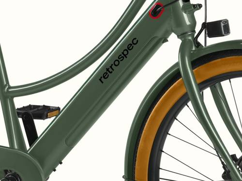 A closeup of the battery on the Beaumont Rev+ City Electric Step Through Bike's frame with featured 'retrospec logo'.