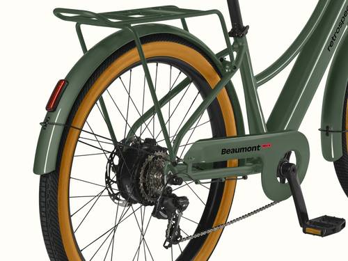 A cropped image of the removable rear wheel on the Beaumont Rev+ Electric Bike with a rear rack and fender with taillight.