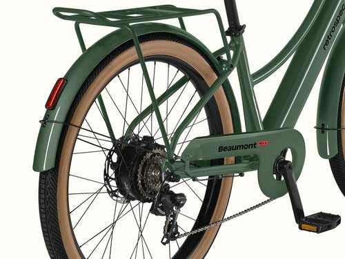 A cropped image of the removable rear wheel on the Beaumont Rev+ Electric Bike with a rear rack and fender with taillight.