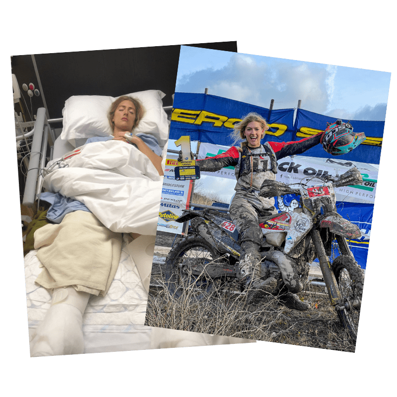 images showing Vanessa Ruck's journey from a hospital bed after a car accident to motor cross racing and winning a trophy