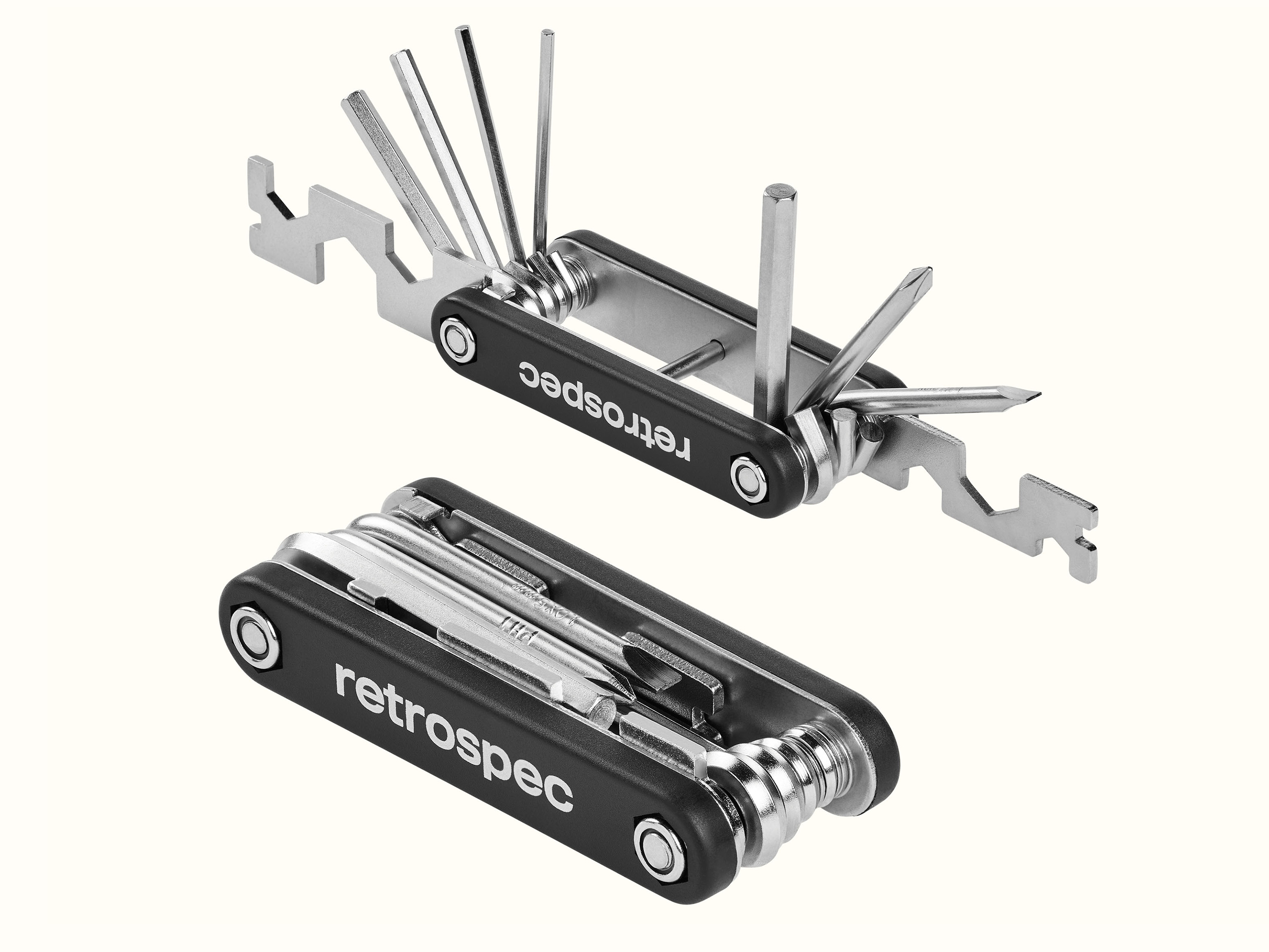 Two views of a multitool with various tools extended and folded.