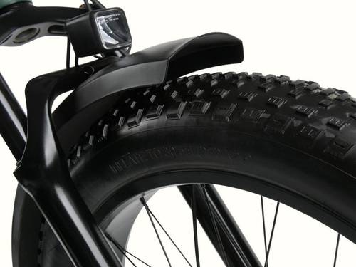 A close up of the Koa Rev 3 Fat Tire Electric Bike's black tire with heavy duty tread and black fender.