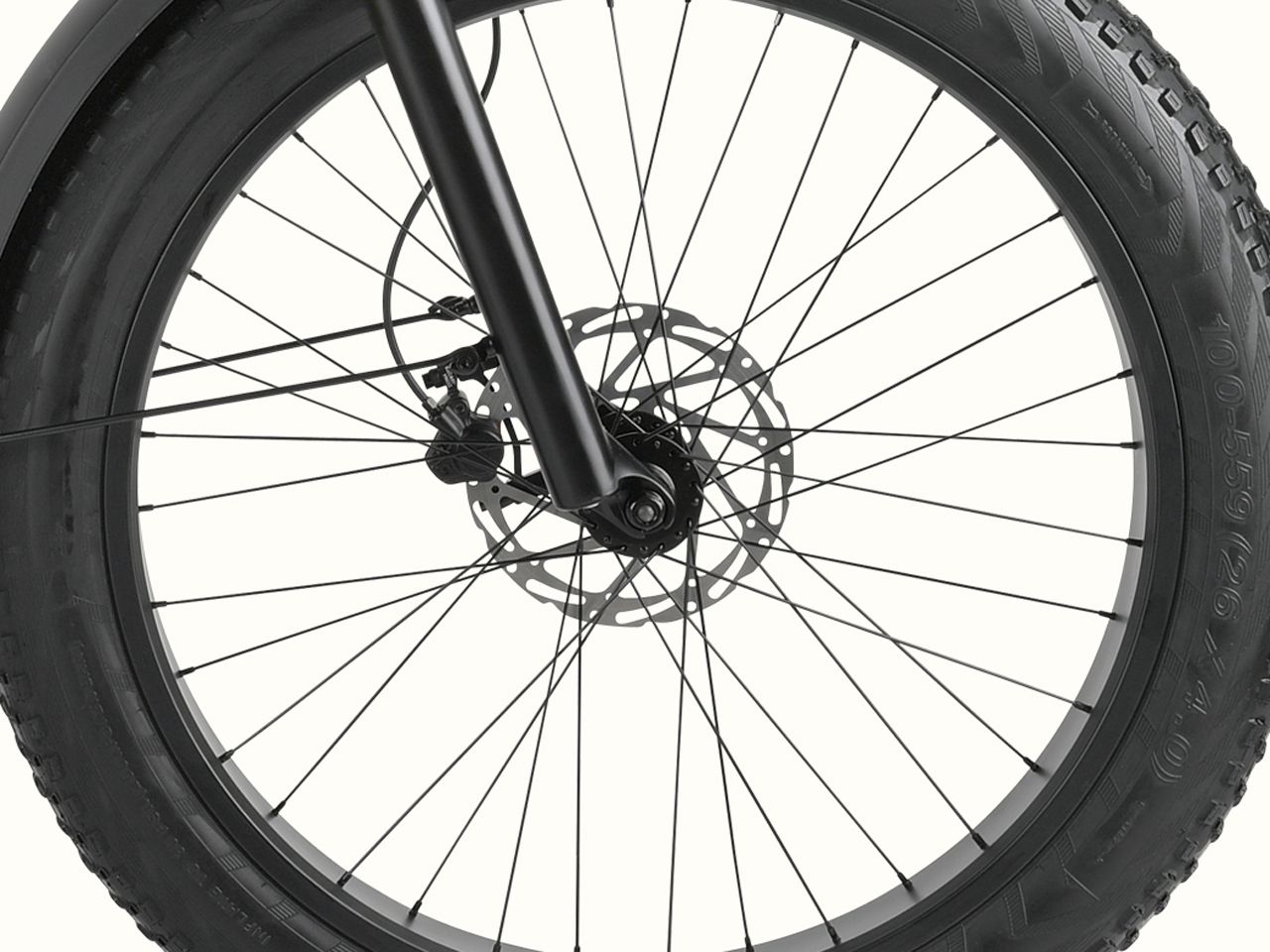 Close-up of a bicycle wheel featuring a disc brake and spokes against a white background.