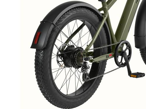 Close-up of a green Koa Rev 3 Fat Tire Electric Bike's rear wheel, featuring a robust fat tire, chain, derailleur, and fender.