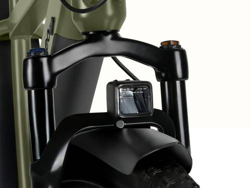 Close-up of the ebike's front fork with a mounted LED headlight, showcasing cables and a sleek black design against a light background.