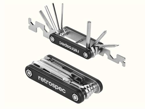 Two views of a multitool with various tools extended and folded.