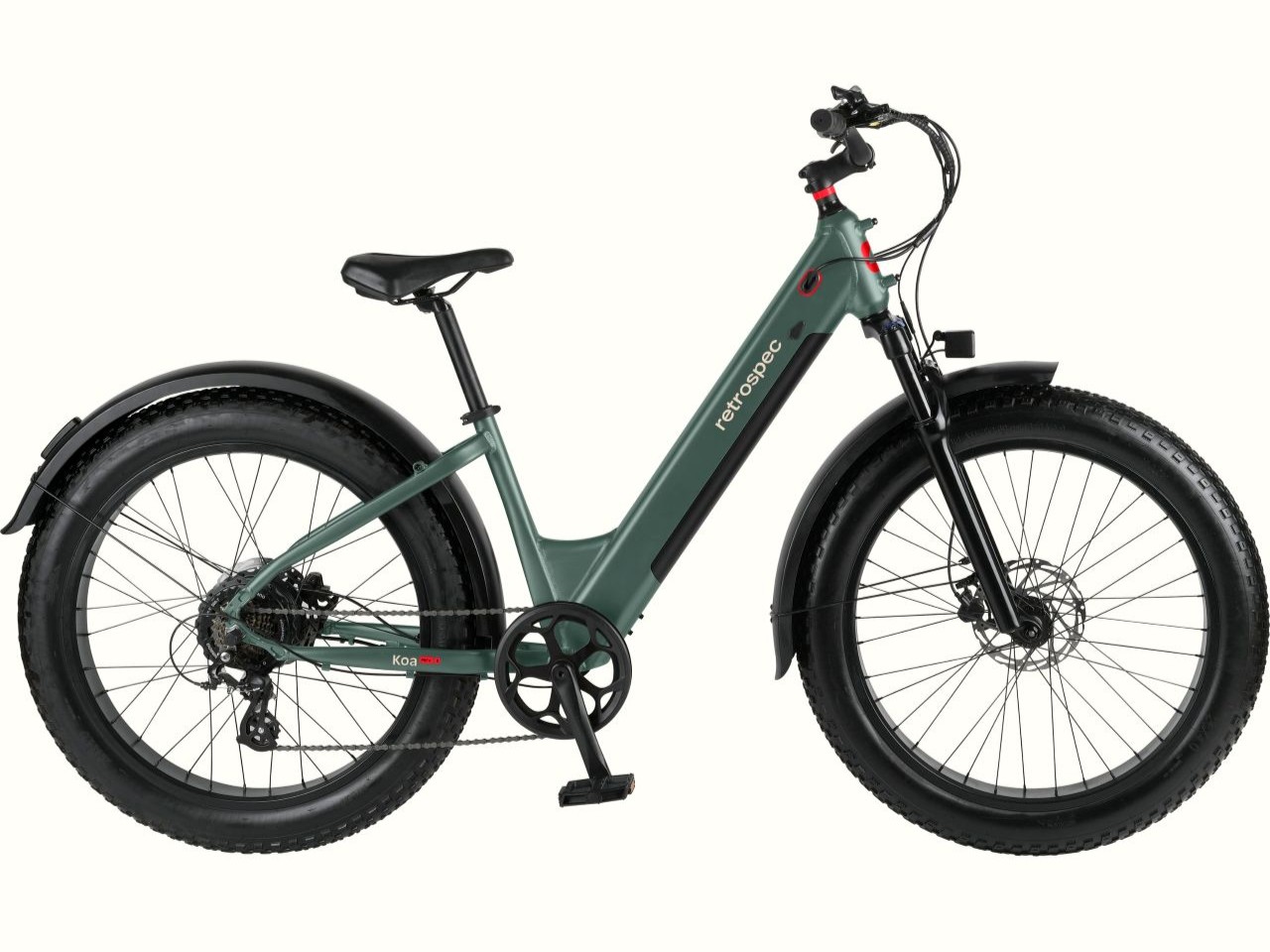 A stylish green Koa Rev 3 Fat Tire Step-Through Electric Bike with a sleek frame, wide tires, and front suspension, designed for off-road adventures.