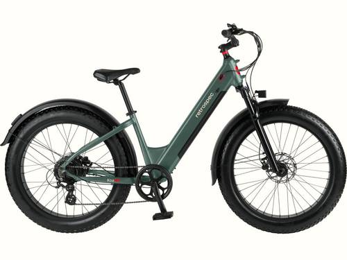 A stylish green Koa Rev 3 Fat Tire Step-Through Electric Bike with a sleek frame, wide tires, and front suspension, designed for off-road adventures.