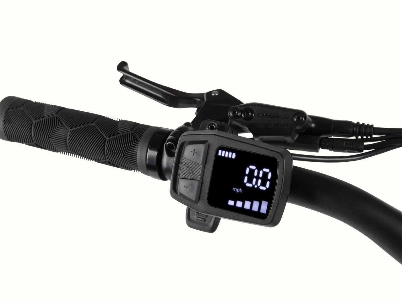 A close-up of the black handlebar and hand brake with the ebike's digital display turned on.