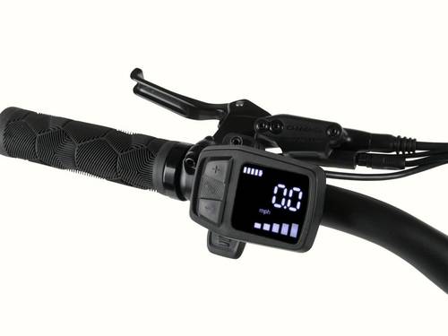 A close-up of the black handlebar and hand brake with the ebike's digital display turned on.