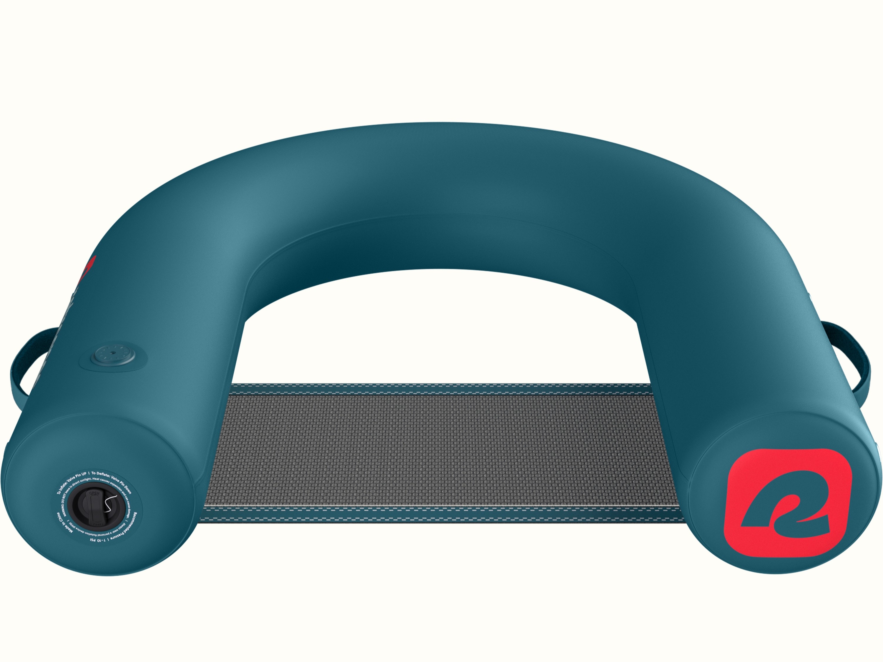 A blue Siesta Lounge Inflatable Water Tube Hammock Seat with a bright red retrospec logo and black air valve.