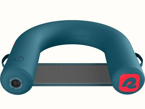 A blue Siesta Lounge Inflatable Water Tube Hammock Seat with a bright red retrospec logo and black air valve.