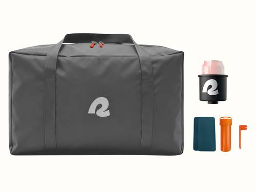 retrospec gray carry bag with orange zipper pulls shown alongside a black branded cup holder with a soda can, a teal repair patch kit, an orange glue tube, and an orange wrench tool, on a cream background.