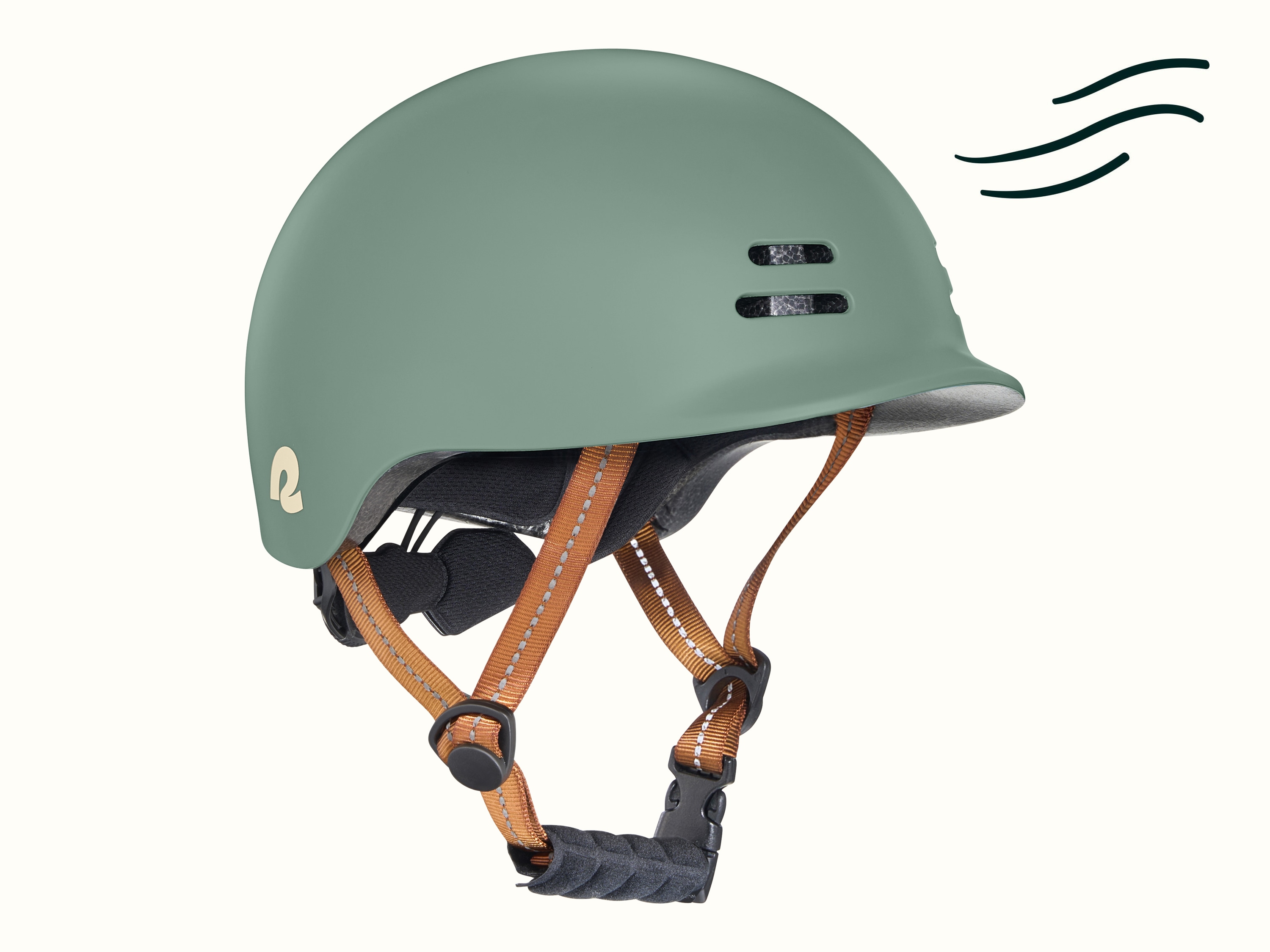 A green toddler bike helmet with brown straps featuring a reflective thread and chin pad.