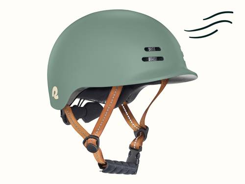 A green toddler bike helmet with brown straps featuring a reflective thread and chin pad.