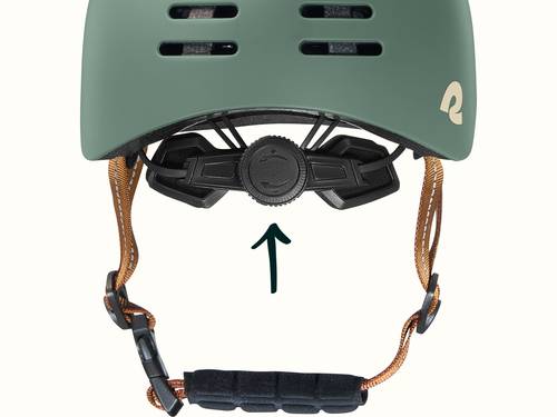 A green toddler bike helmet with brown straps featuring an ergoknob dial at the rear for a customizable fit.