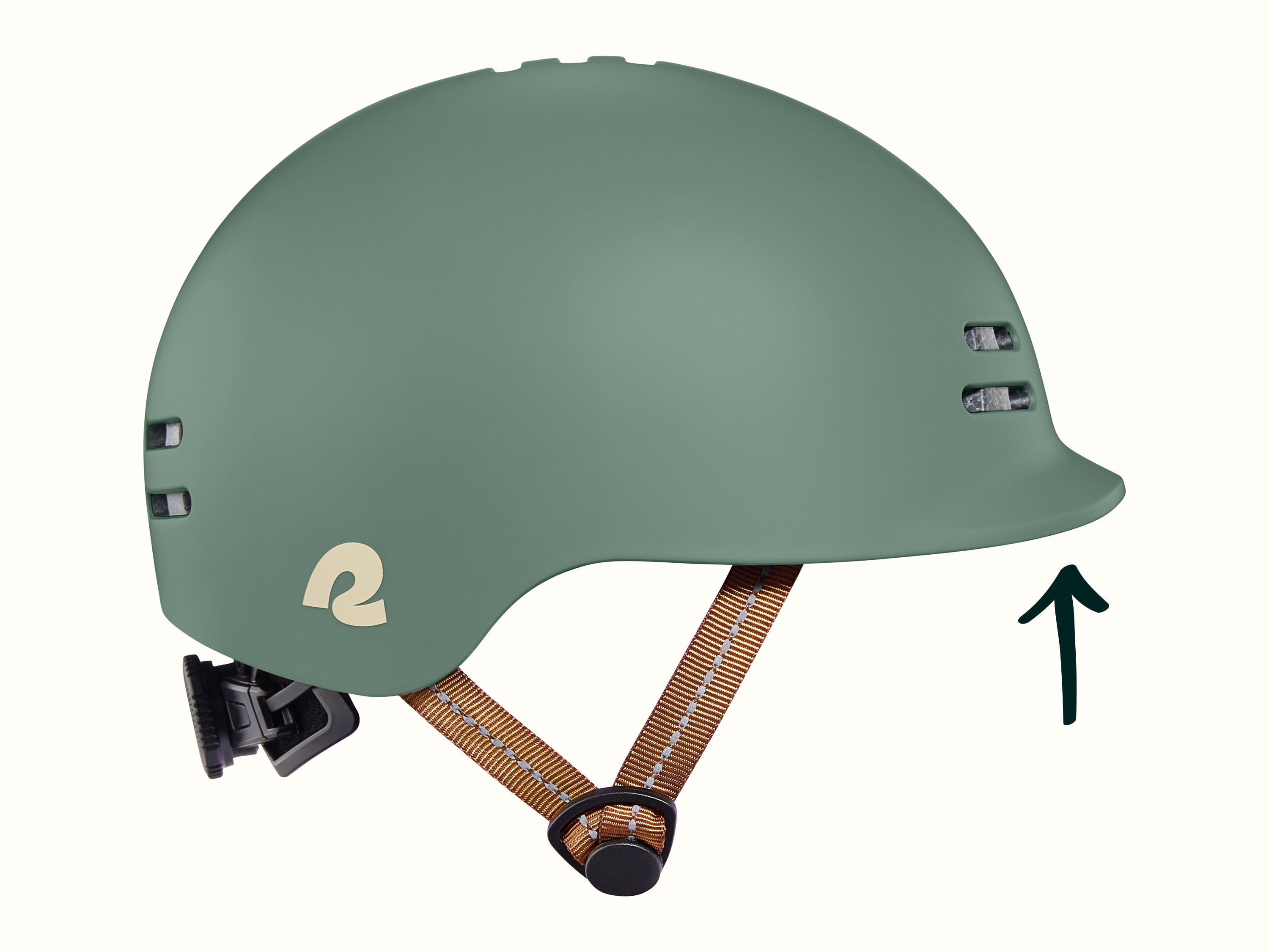 A green toddler bike helmet with brown straps featuring a reflective thread on a white background.