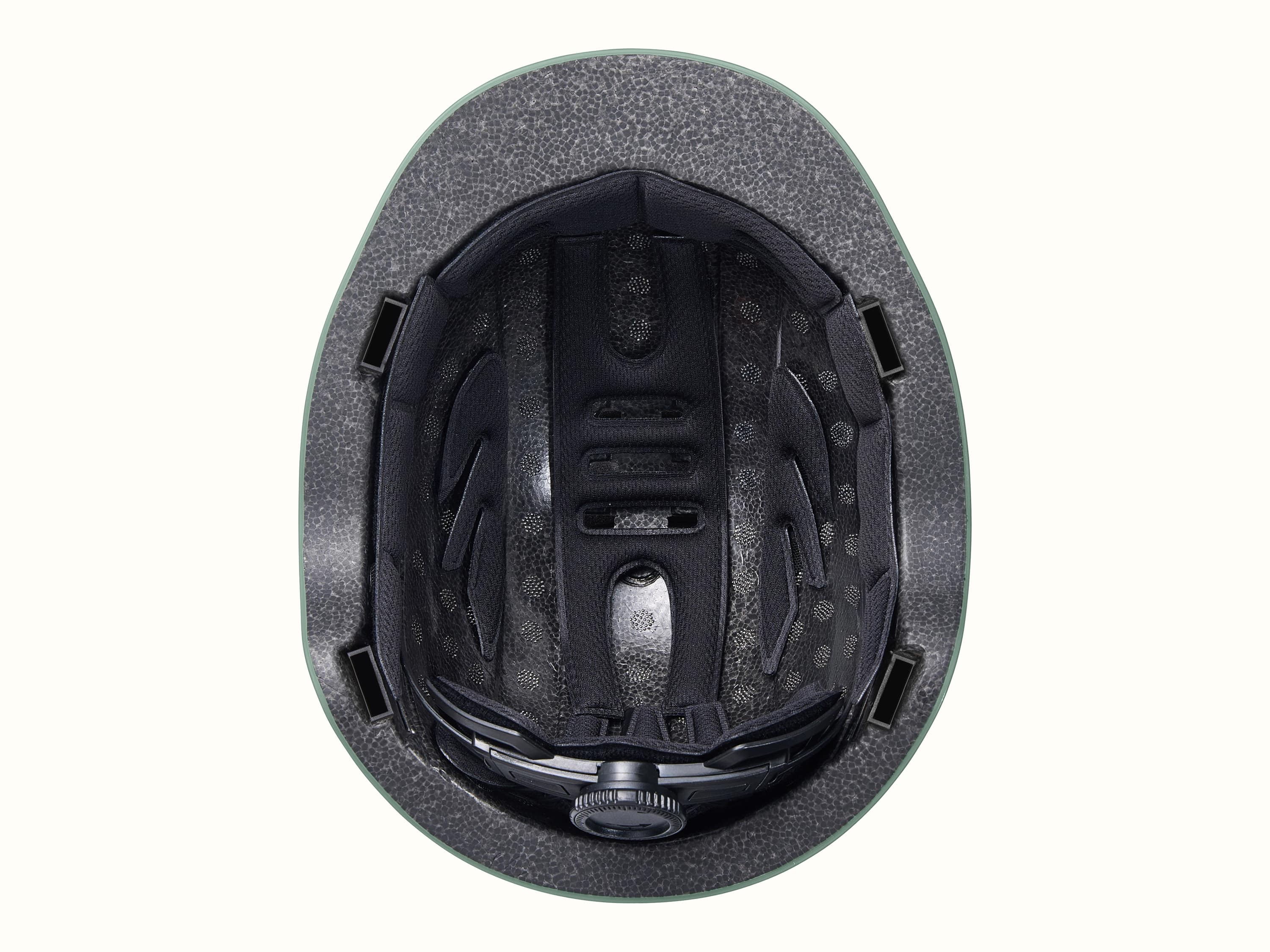 The interior of a toddler bike helmet featuring washable padding and protection.