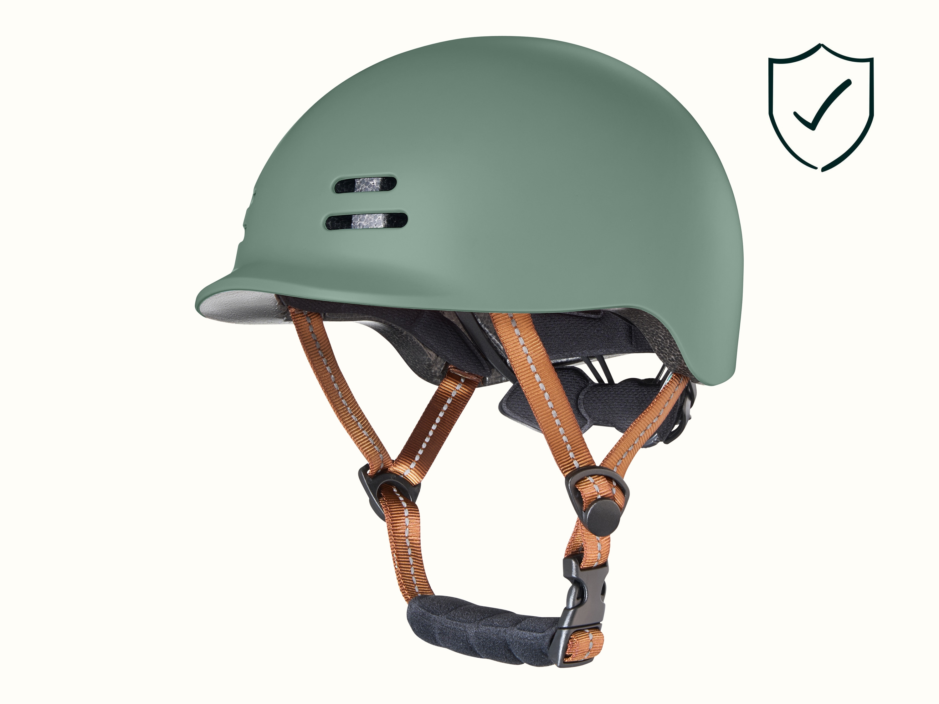 A green toddler bike helmet with brown straps featuring a reflective thread and chin pad.