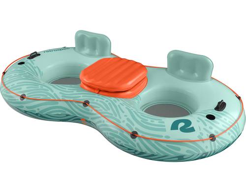 A teal inflatable tube with two seating areas and a center cooler, designed for recreational water use.