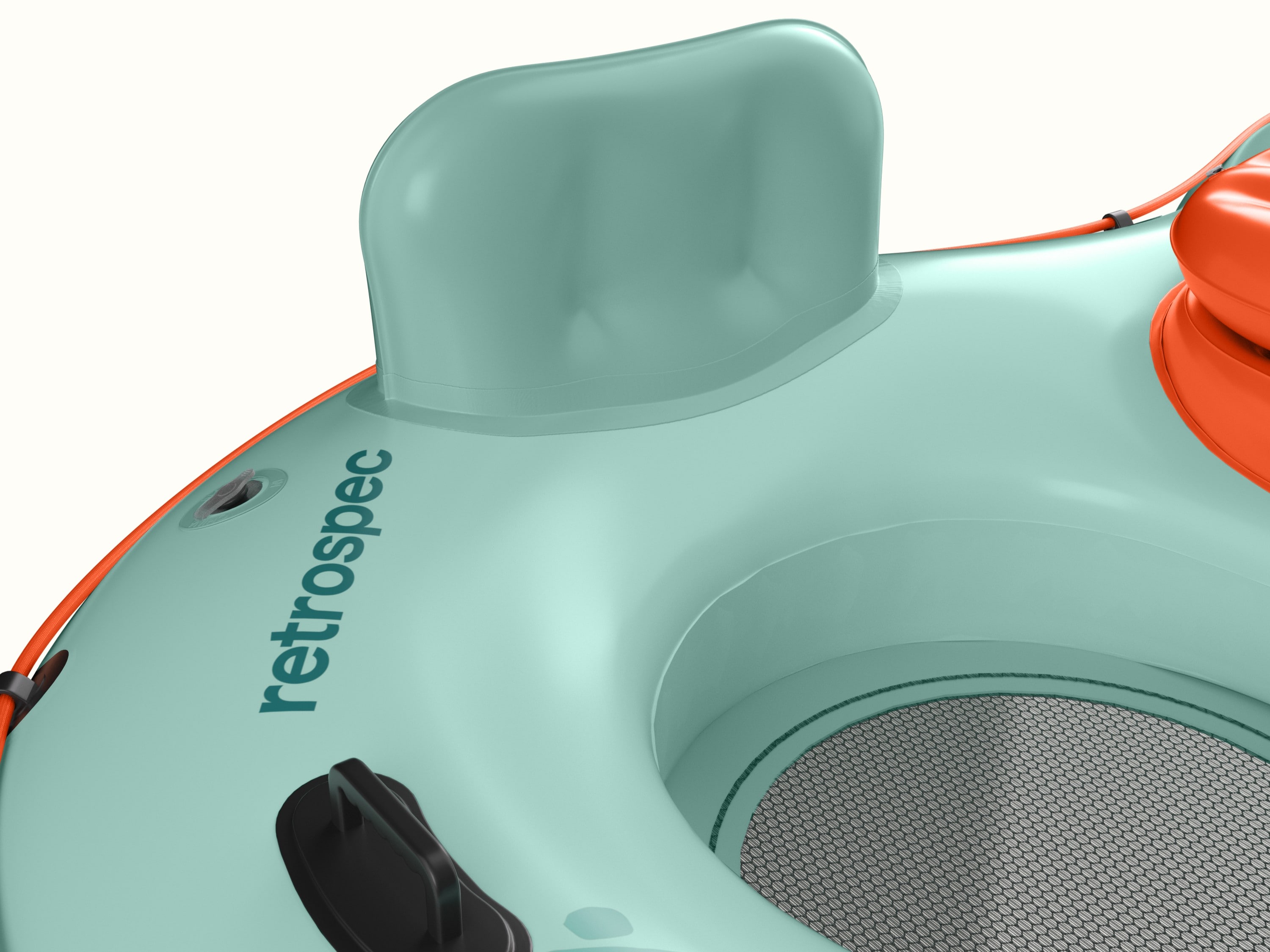 Close-up of teal inflatable river float with a back rest for lounging.