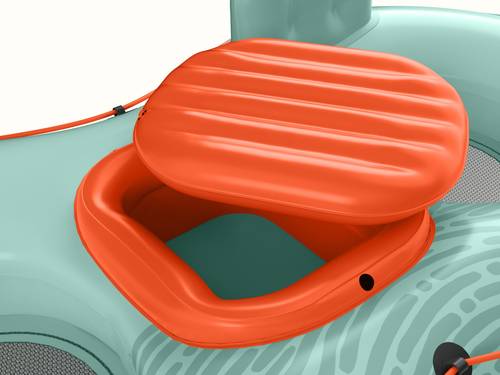 An orange built in center cooler on the siesta float double inflatable river tube.