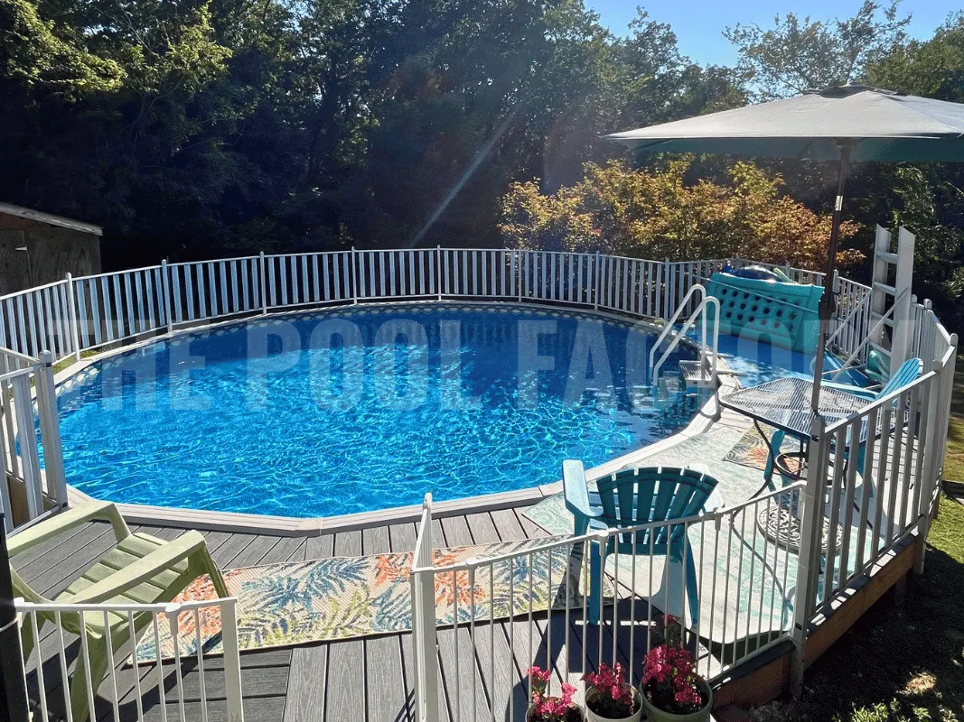 Round above ground pool with wraparound deck and safety fence kit