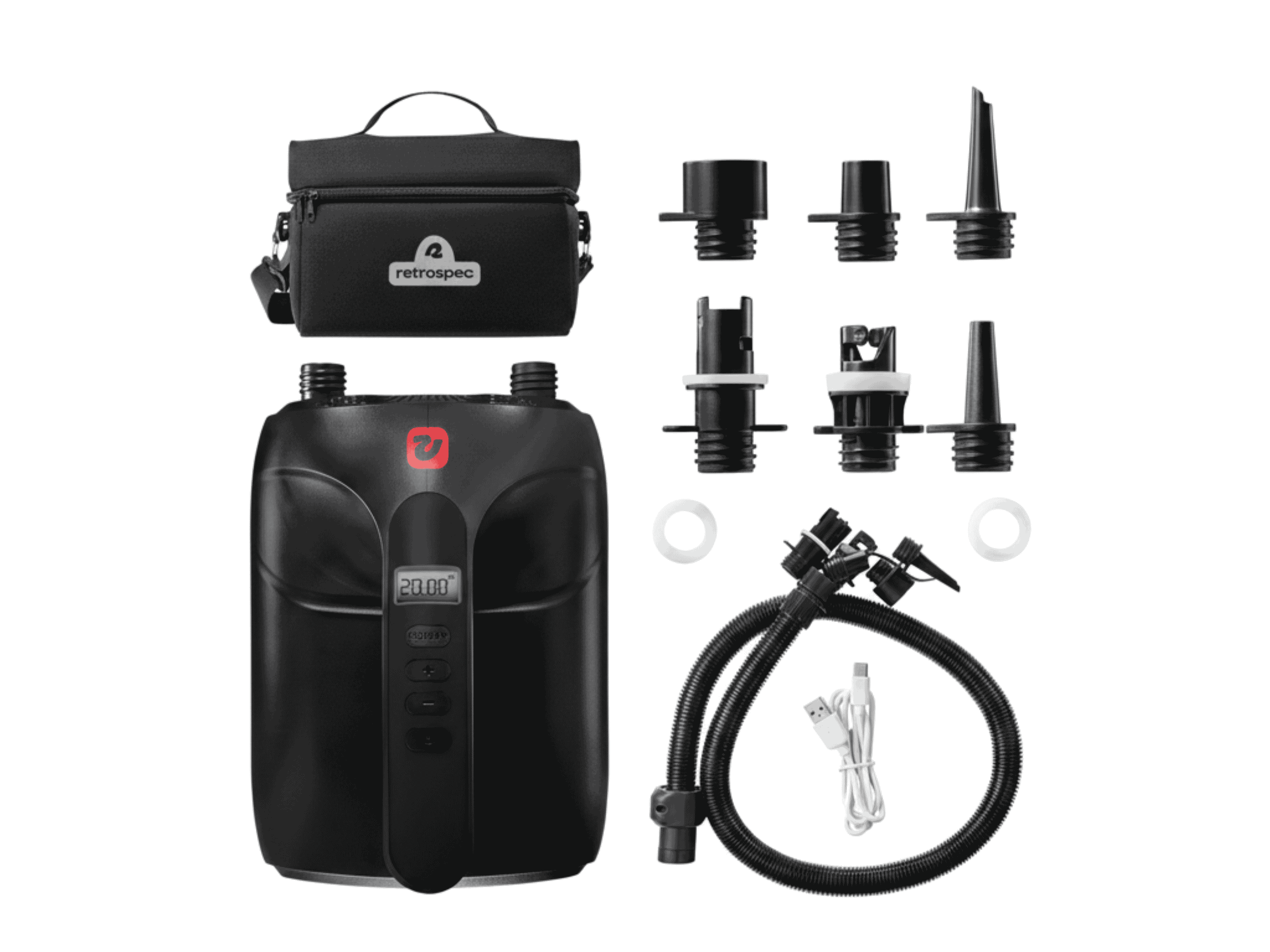 Breeze Plus Electric rechargeable air pump with nozzles, hose, usb c charger, and a carry bag.