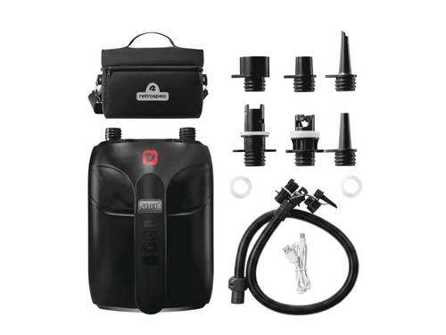 Breeze Plus Electric rechargeable air pump with nozzles, hose, usb c charger, and a carry bag.