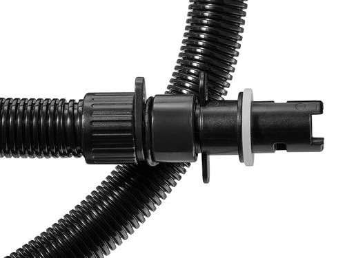 A close-up of the Breeze Plus iSUP Electric Pump's hose and nozzle.