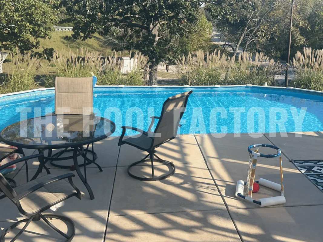 Saltwater 5000 Lazer Oval Pool with surrounding patio and furniture.