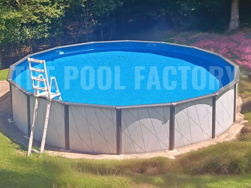 Del Rey above ground round swimming pool set in a backyard with an A-Frame Safety Ladder attached for easy access.