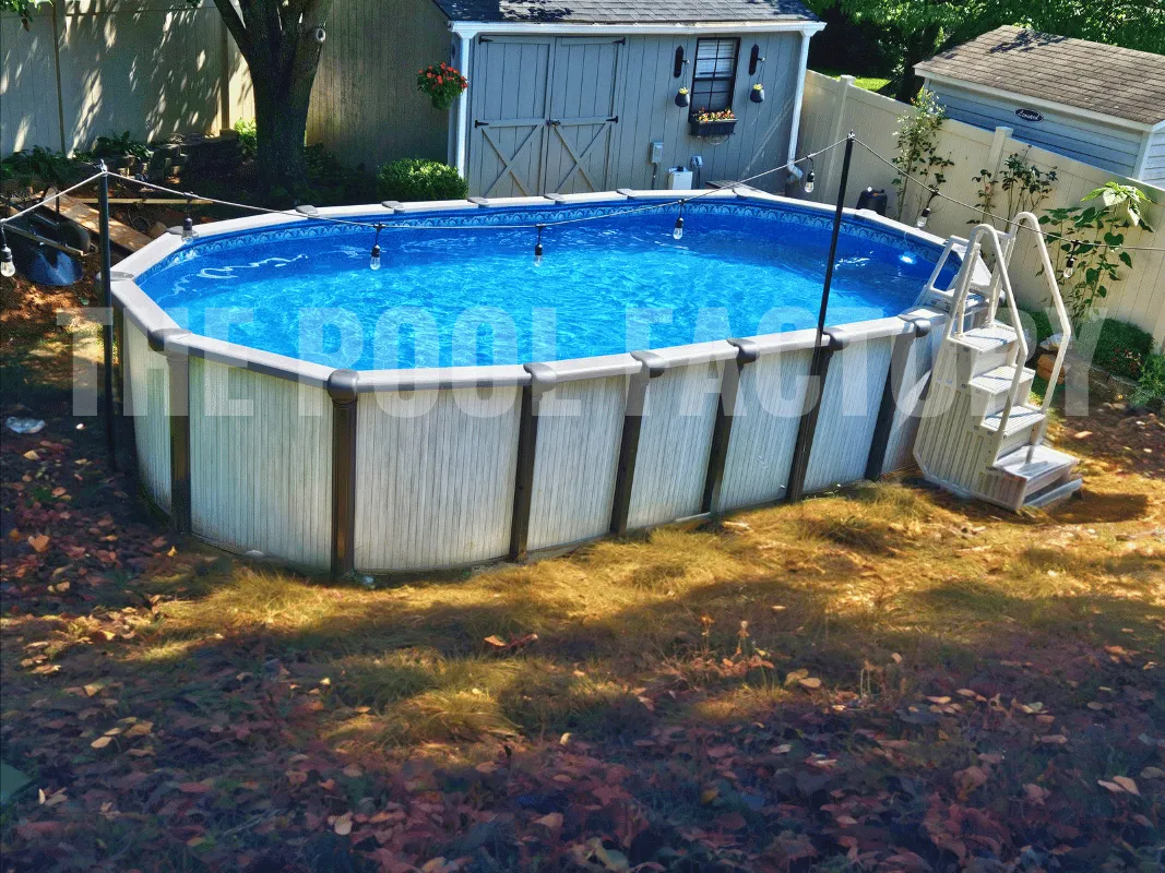 Saltwater Titan Oval Pool with hanging lights.