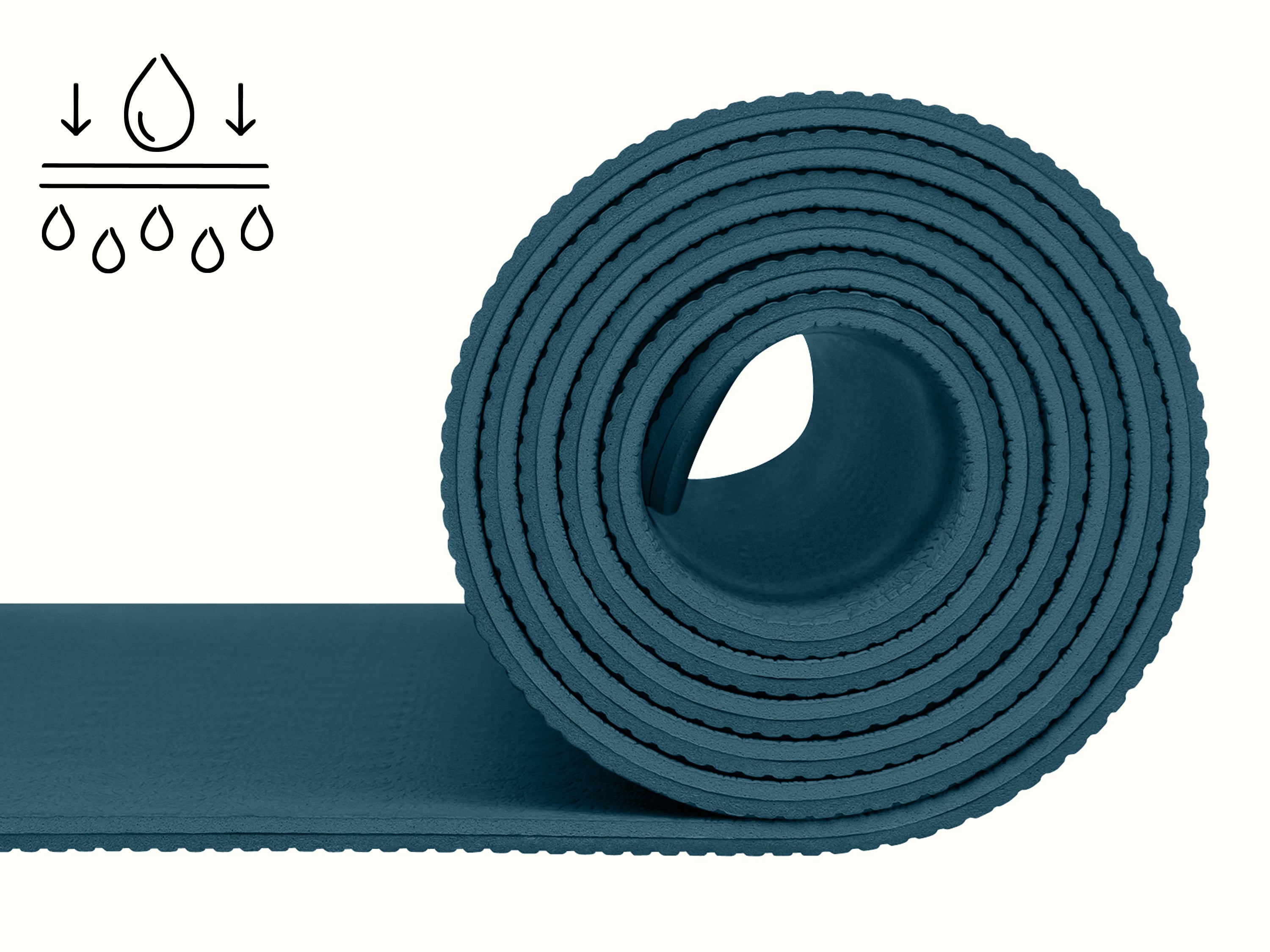 retrospec Zuma Yoga Mat rolled up in Ocean Blue, with a moisture-wicking icon highlighting the mat's sweat-resistant surface.