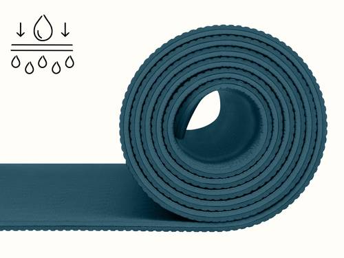 retrospec Zuma Yoga Mat rolled up in Ocean Blue, with a moisture-wicking icon highlighting the mat's sweat-resistant surface.